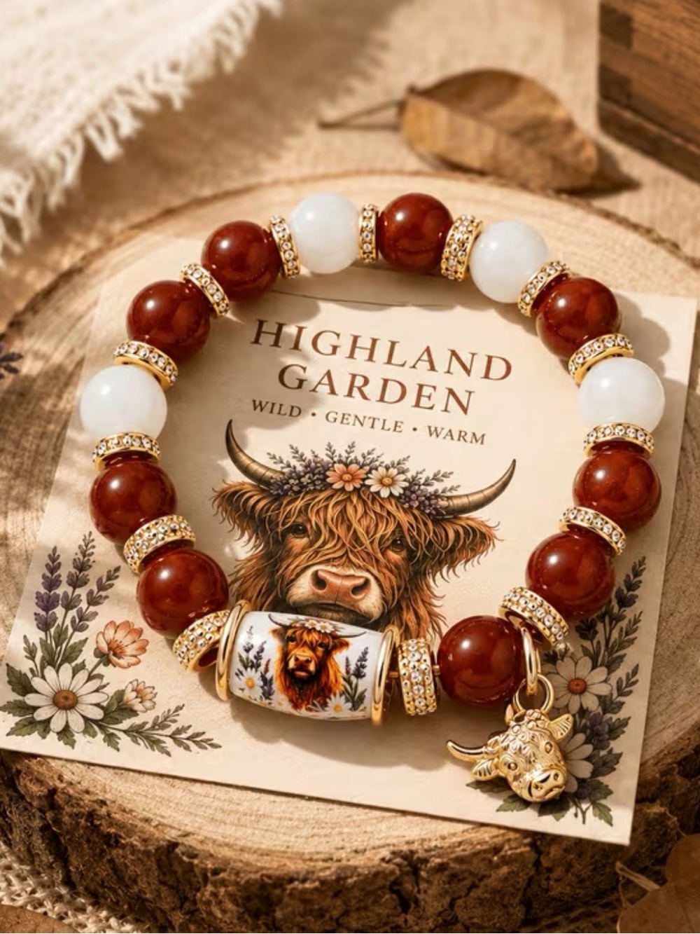Brown & White Beaded Highland Bull Charm Bracelet